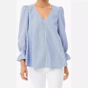 Tuckernuck Womens Small Blue Stripe Easton Blouse Office Nautical Preppy Career